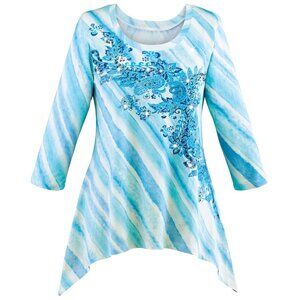 New XXL Aqua & White Sparkling Cascading Floral Paisley SharkBite Knit Tunic